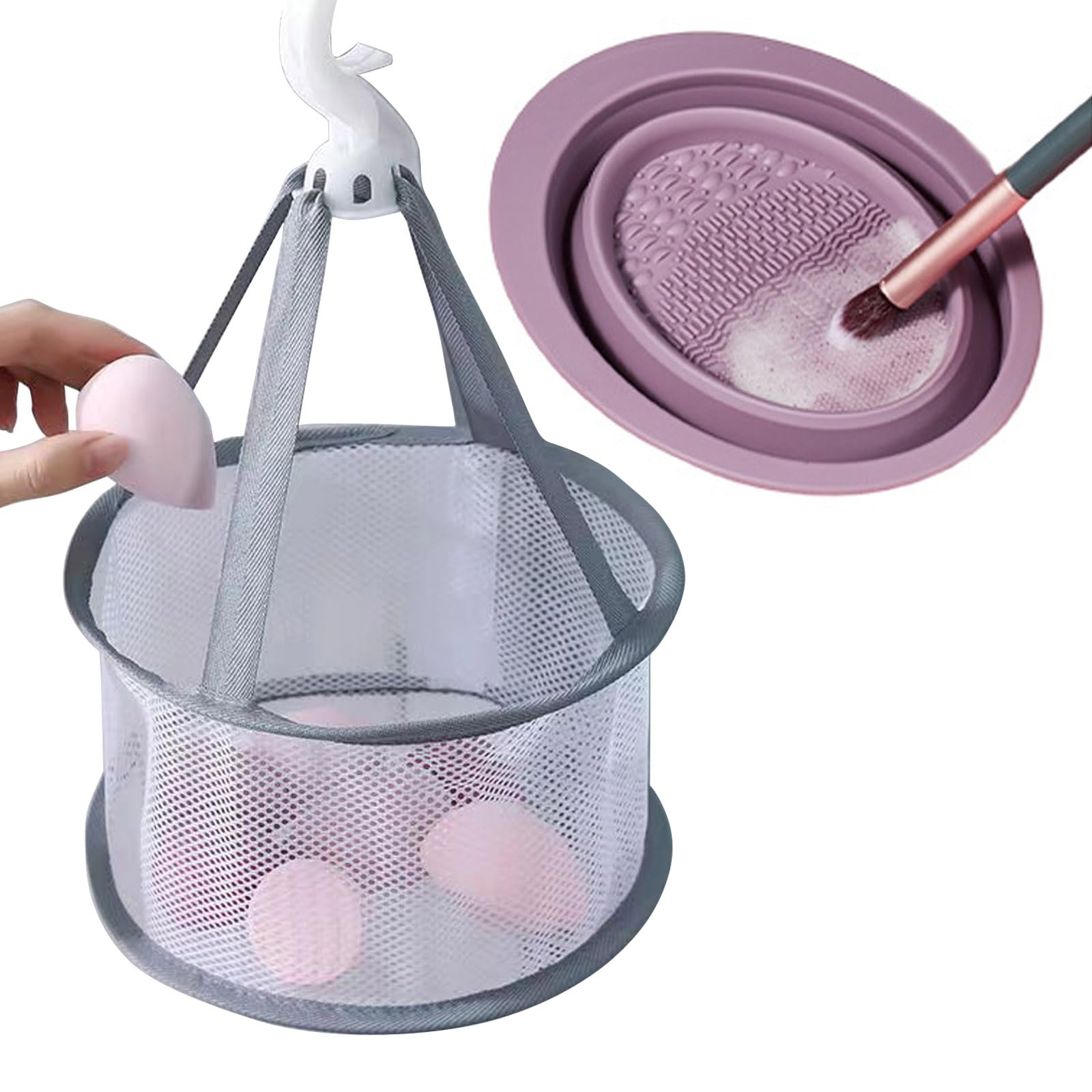 メッシュ乾燥ラックバスケット付きメイクアップブラシクリーニングマット パープル メッシュ乾燥ラックバスケット付きメイクアップブラシクリーニング